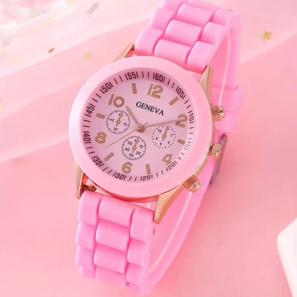 1pc Cute Round Silicone Quartz Watch For School Students And 5pcs Pink Heart Set - Picture 2 of 7
